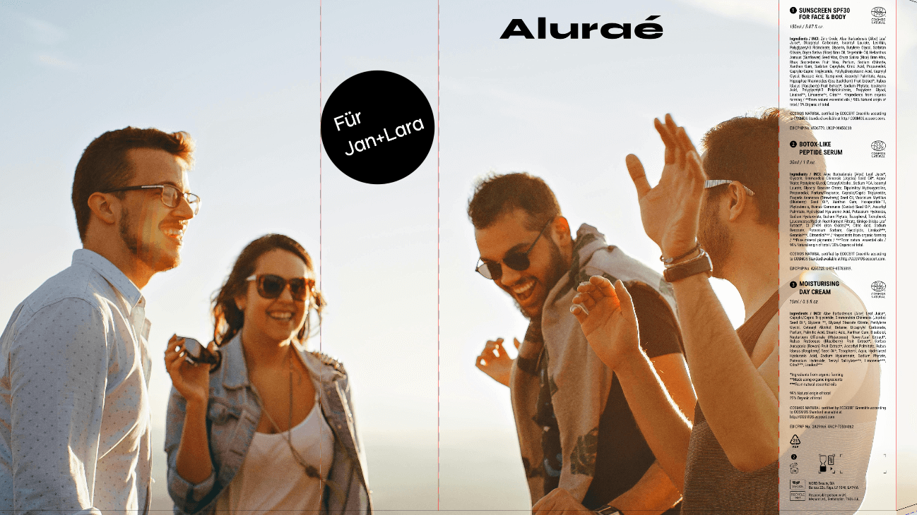 Gruppe von Freunden bei Sonnenuntergang, lachend und feiernd, mit der Aufschrift 'Für Jan+Lara' und Aluraé.