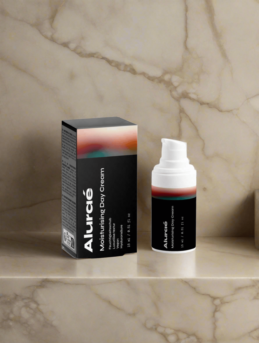 Aluráe Moisturizing Day Cream with stylish packaging on a marble surface.