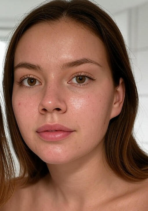 Nahaufnahme eines jungen Mannes mit natürlicher Haut, lächelnd und ohne Makeup.